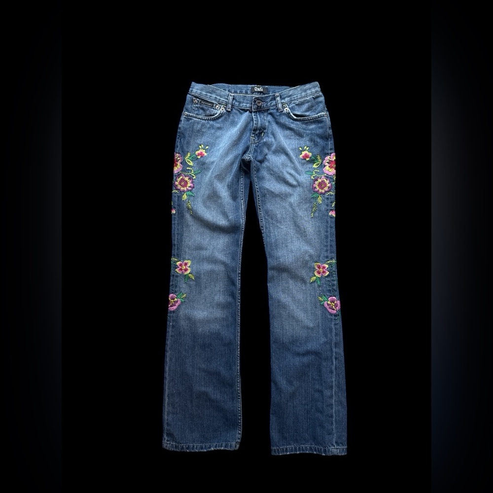 Vintage Dolce Gabanna Floral Embroidered gemstone Blue Jeans 30 x 32 lowrise